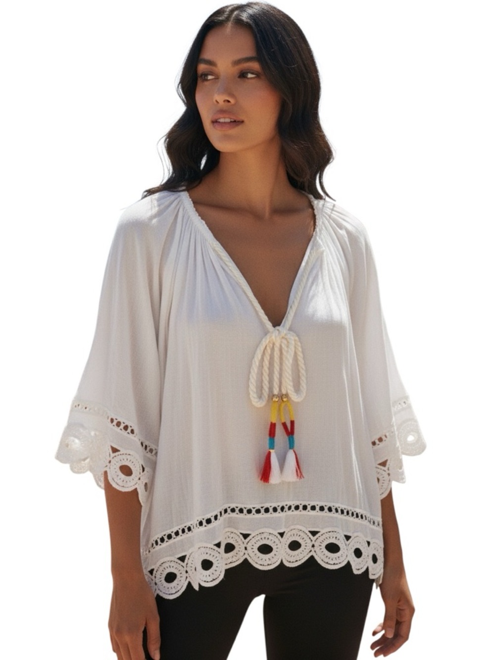 Ramy Brook Boho Beach white tassels Oversized Top Size Extra Small XS